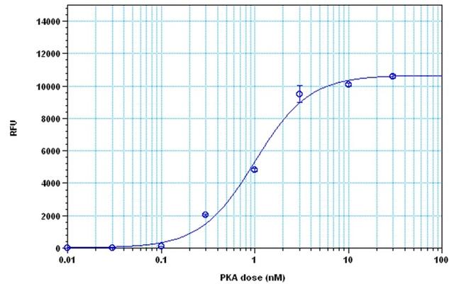 The detection of protein kinase A with PhosphoWorks™ Fluorimetric ADP Assay Kit. The kinase was incubated in the presence of ATP and kemptide peptide substrate for 30 minutes, and ADP generation was detected after 30 minutes incubation using the Amplite® Fluorimetric Kinase Assay Kit.