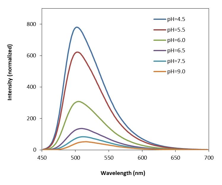 The pH dependent Emission spectra of&nbsp;Protonex&trade; Green 500.