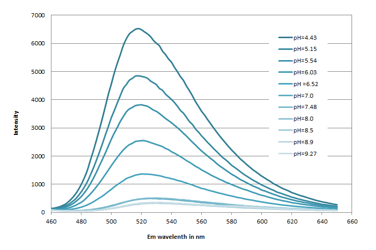 The pH dependent Emission spectra of Protonex™ Green 500-PEG12.