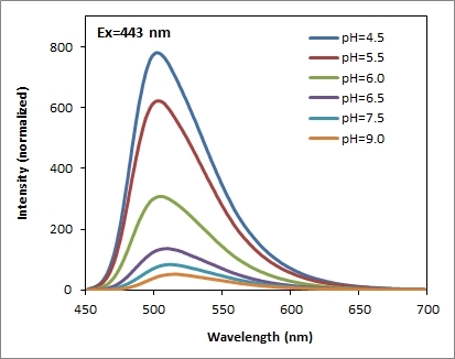 Emission Spectra of Protonex™ Green 500 at different pH.