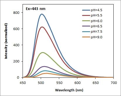 Emission Spectra of&nbsp;Protonex&trade; Green 500 at different pH.