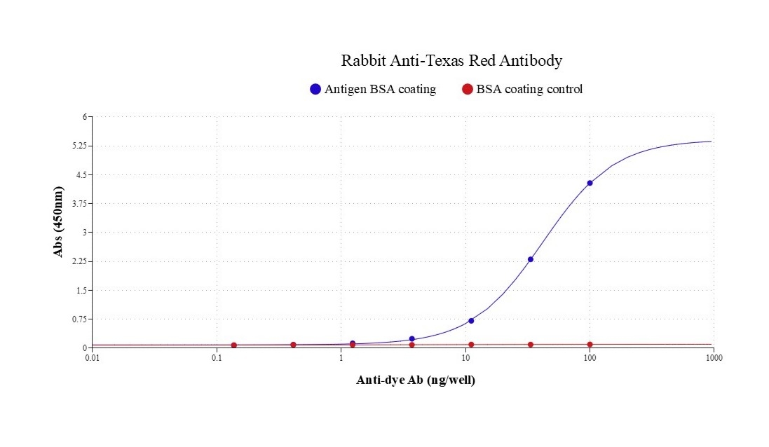 Indirect ELISA of Rabbit Anti-Texas Red Antibody. Microplates were coated with 100 ng/well of BSA-Texas Red or BSA (control). Coating, blocking, and washing steps followed standard ELISA procedures. Rabbit Anti-Texas Red Antibody (Cat# 46680) was serially diluted threefold from 100 ng/well and incubated for 40 minutes. After washing, HRP-labeled goat anti-rabbit IgG (Cat# 16793) (100 ng/mL in PBST; 100 µL/well) was added and incubated at room temperature for 40 minutes. Bound HRP activity was detected using ReadiUse™ TMB Substrate Solution (Cat# 11012), and absorbance was measured at 450 nm.