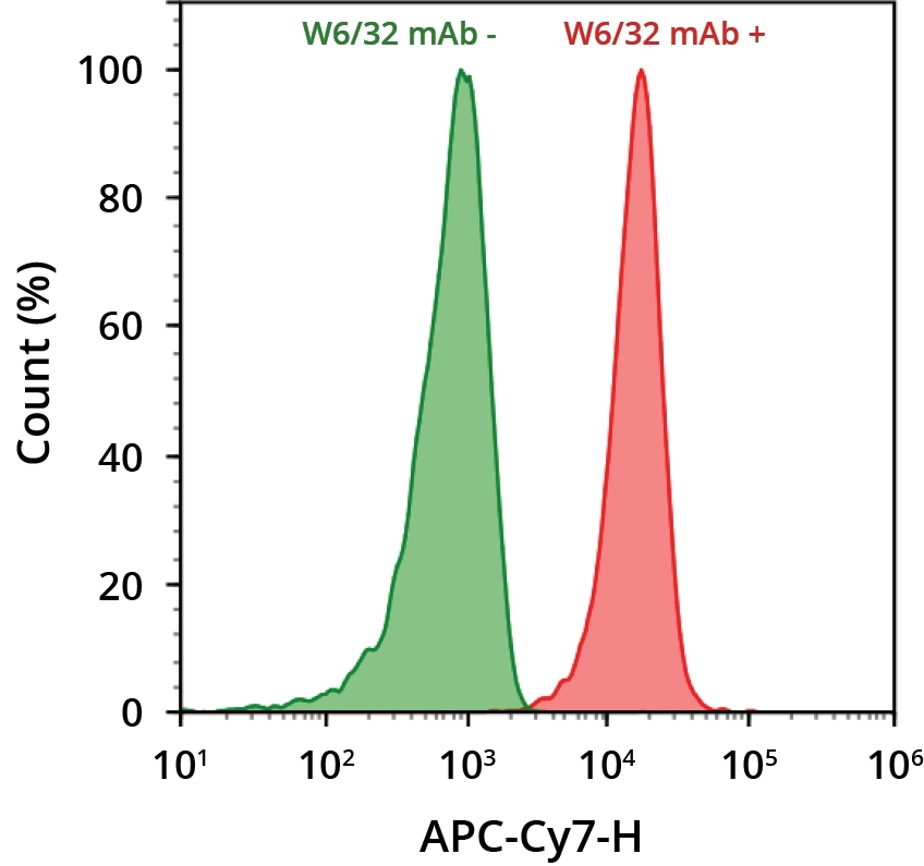 HL-60 cells were incubated with (red) or without (green) anti-human HLA-ABC (W6/32 mAb). Cells were then incubated with goat anti-mouse IgG labeled using the ReadiLink™ Rapid Cy7 Antibody Labeling Kit (Cat No. 1294). The fluorescence signal was monitored using ACEA NovoCyte flow cytometer in the APC-Cy7 channel.
