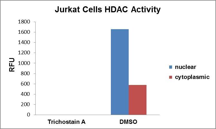 Nuclear and cytoplasmic extract from Jurkat cells were collected using ReadiPrep&trade; Nucleus/Cytosol Fractionation Kit. The protein was quantified by Amplite® Fluorimetric Fluorescamine Protein Quantitation Kit (AAT Bioquest<sup>&reg;</sup>, Cat#. 11100). 8 &micro;g of nuclear or cytoplasmic extract was incubated with or without HDAC inhibitor Trichostain A, and HDAC activity was measured by Amplite® Fluorimetric HDAC Activity Assay Kit (AAT Bioquest&reg;, Cat#. 13601).