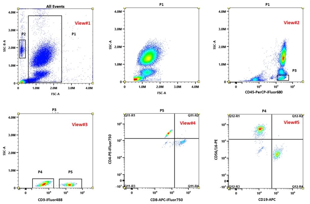 Human peripheral blood was stained with the ReadiUse&trade; Human TBNK 6 Color Antibody Kit *Dry Reagent*. Cells were stained at room temperature for 20 minutes, lysed with 1X Lysis/Fix buffer for 15 minutes, and then analyzed by flow cytometry. Live cells were gated on NucPO-1 viability stain. Live cells are gated on CD45+ (2D1)-PerCP-iFluor® 680 for lymphocytes and then gated on CD3+ or CD3- (SK7) iFluor® 488 cell populations. CD3+ cells are shown using CD4 (SK3) PE-iFluor® 750 and CD8 (SK1) APC-iFluor® 750 markers. CD3- cells are shown using CD19 (SJ25C1)-APC and CD56 (5.1H11) / CD16 (B73.1)-PE markers.