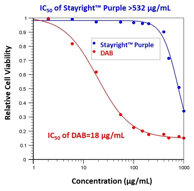 Comparison of cytotoxic effects between Stayright&trade; Purple and DAB on HeLa cell proliferation.&nbsp; AAT&rsquo;s WST-8 assay (Cat#22770) was used to determine the cell viability following treatment with approximately 0, 2, 6, 18, 55, 100, 150, 200, 400, 500, 800 or 1000 &mu;g/mL of Stayright&trade; Purple or DAB over 24 hours, respectively. The IC50 values were determined, and Stayright&trade; Purple was demonstrated to be a significantly safer alternative to DAB