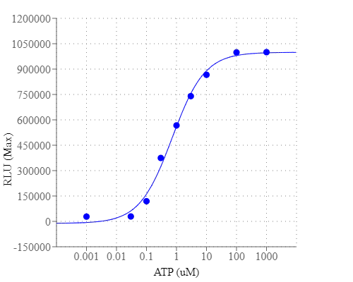 ATP Dose Response on CHO-aeq cells. CHO cells stably transfected with apoaequrin were seeded overnight at 50,000 cells/100 µL/well in a Costar white wall/clear bottom 96-well plate. The growth medium was removed and the cells were incubated with 100 µL of dye-loading solution using the Screen Quest™ Coelenterazine Calcium Assay Kit for 3 hours at room temperature and protected from light. ATP (25 µL/well) was added by NOVOstar (BMG Labtech) to achieve the final indicated concentrations. The EC50 of ATP is about 0.8 µM.