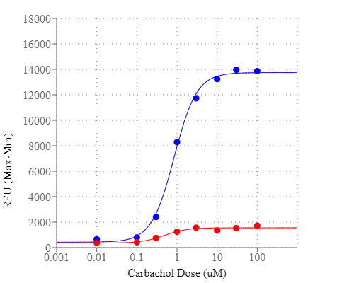 Carbachol Dose Response was measured in HEK-293 cells with Screen Quest™ Rhod-4 NW Assay kit and Rhod-2 AM. HEK-293 cells were seeded overnight at 40,000 cells/100 µL/well in a Costar black wall/clear bottom 96-well plate. The growth medium was removed, and the cells were incubated with 100 µL of dye loading solution using the Screen Quest™ Rhod-4 NW calcium assay kit, or 100 µL of Rhod-2 AM solution (5 µM) for 1 hour at room temperature. Carbachol (25 µL/well) was added by NOVOstar (BMG Labtech) to achieve the final indicated concentrations. The EC50 of Cabachol by using Rhod-4 NW is about 0.8 µM.