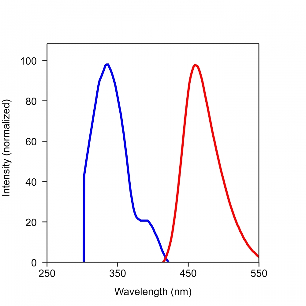 <p>The excitation and emission spectra of Thiolite<sup>TM</sup> Blue, AM.</p>