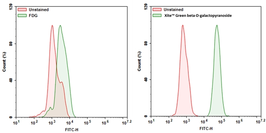 Expression of β-gal was measured with Xite™ Green beta-D-galactopyranoside. 9L-LacZ cells (cells that overexpressed β-gal) were incubated with Xite™ Green beta-D-galactopyranoside or FDG for 30 mins at 37 °C. The signal was acquired with FITC channel using a NovoCyte Flow Cytometer (ACEA Biosciences).
