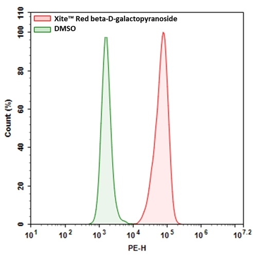 Expression of β-gal was measured with Xite™ Red beta-D-galactopyranoside. 9L-LacZ cells (cells that overexpressed β-gal) were incubated with Xite™ Red beta-D-galactopyranoside for 30 mins at 37 °C. The signal was acquired with PE channel using a NovoCyte Flow Cytometer (ACEA Biosciences).
