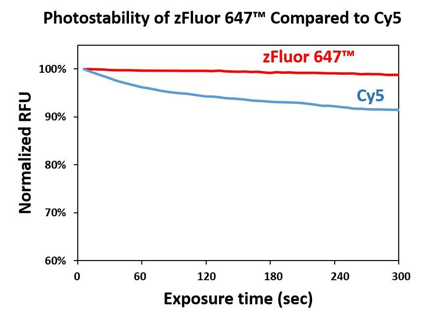 Photostability of zFluor 647&trade; in comparison with Cy5. Equimolar concentrations of the dyes were continuously illuminated and fluorescence was measure every 5 seconds. Fluorescence values were normalized to the initial intensity.