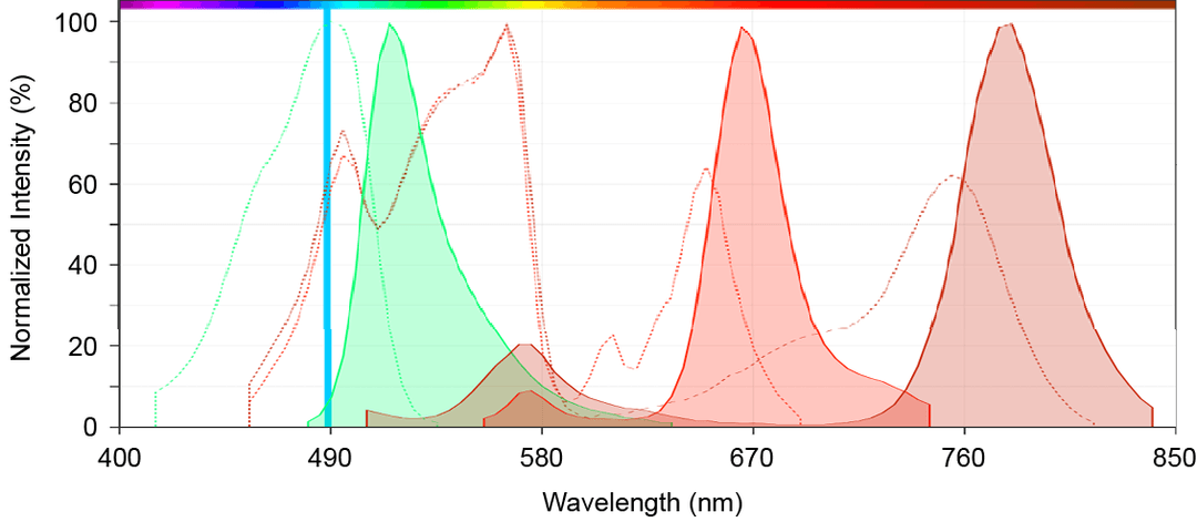 Absorption and emission spectra of FITC, PE-Cy5, and PE-Cy7